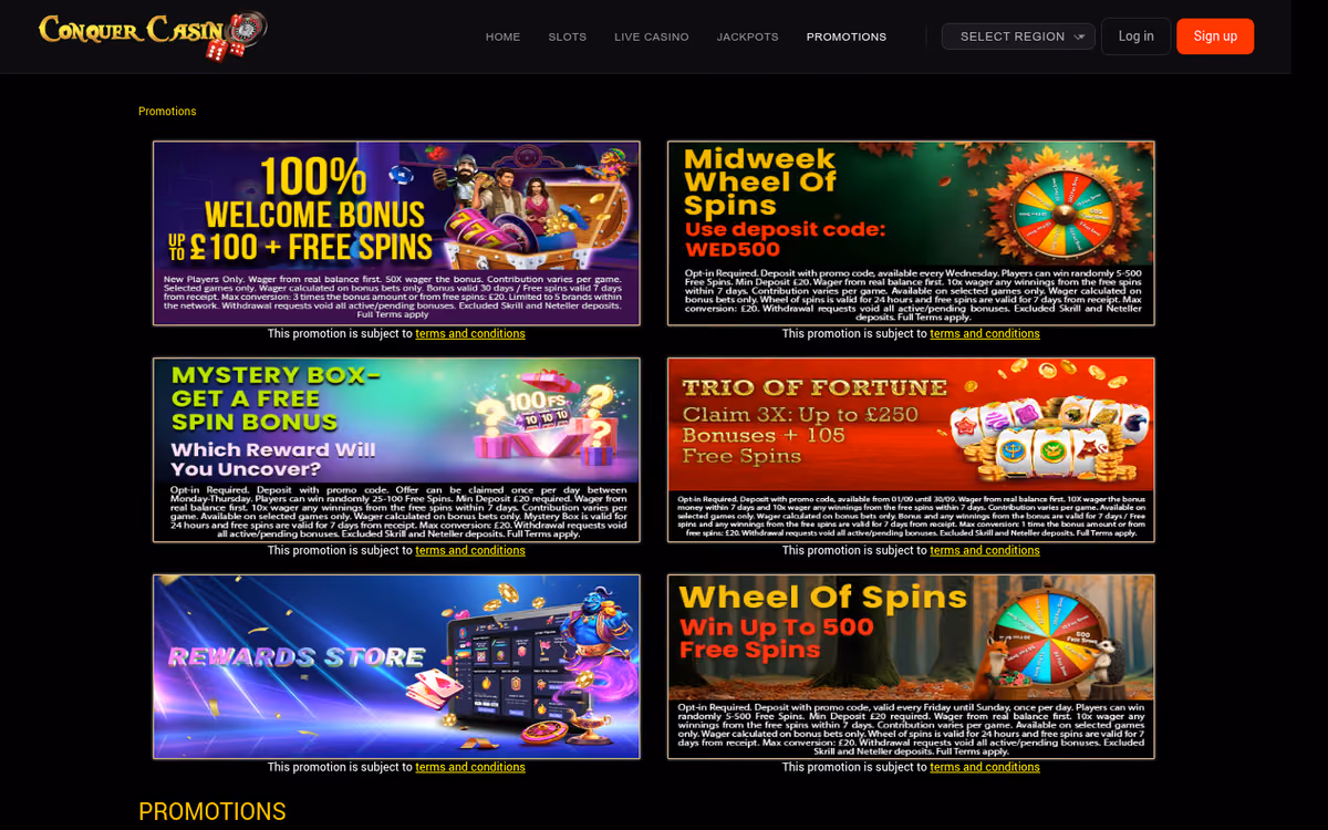 Conquer Casino promotions page showing the welcome bonus and its 50x wagering requirement