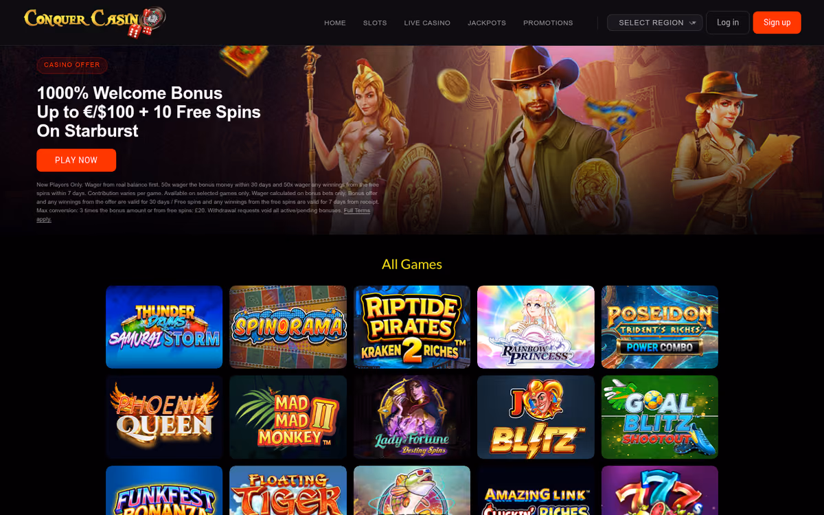 Conquer Casino all games lobby showing Starburst, Rainbow Riches and Jungle Jim