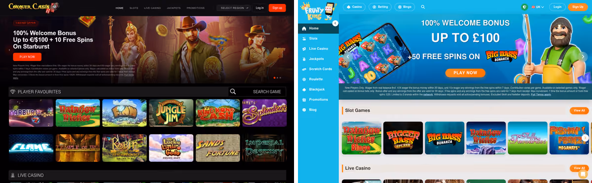 Conquer Casino sister sites proof: Conquer Casino beside Fruity King, two ProgressPlay brands pricing the same offer differently