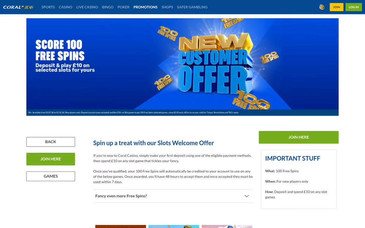 Coral promotions page showing the 100 free spins welcome offer with an Important Stuff panel restating it in plain English