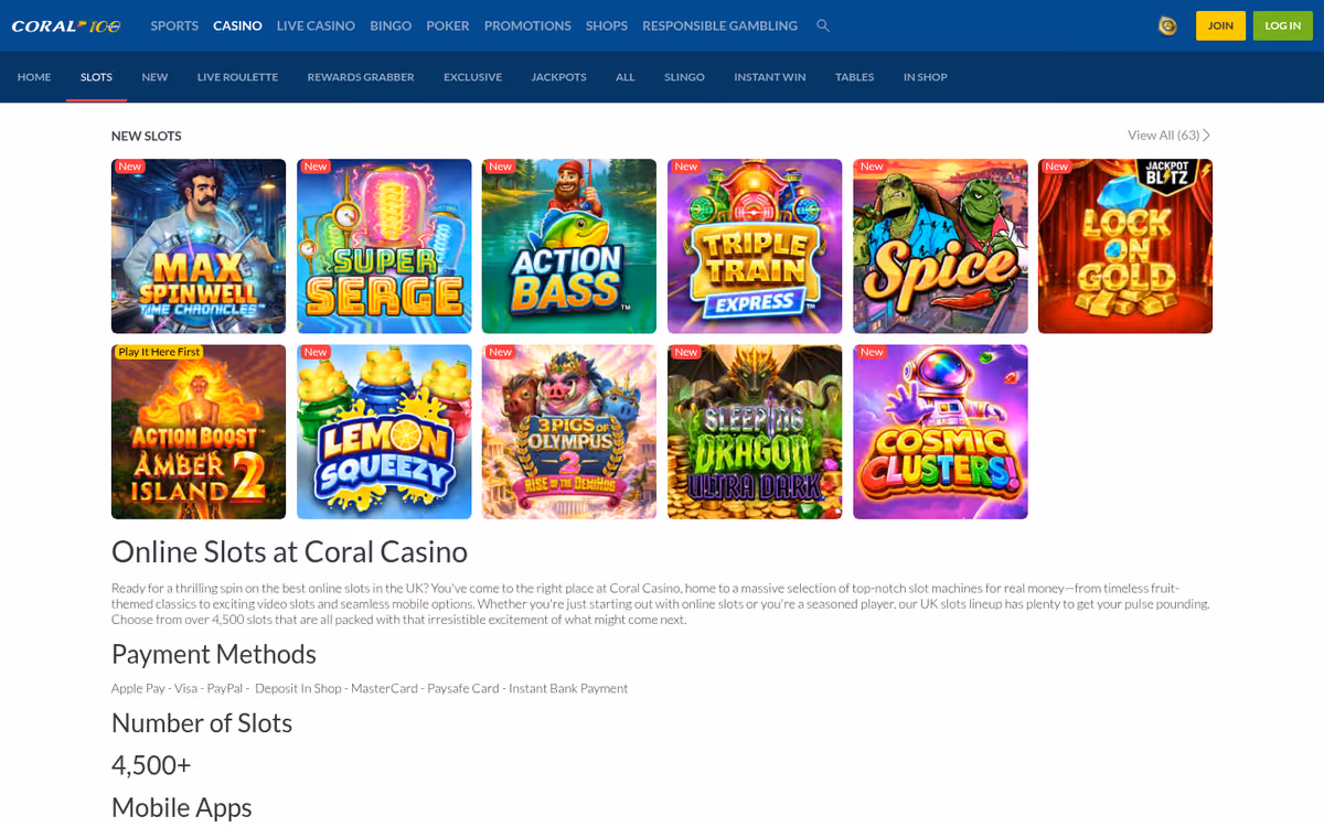 Coral slots lobby publishing a 4,500-plus slot count and a full payment-methods list