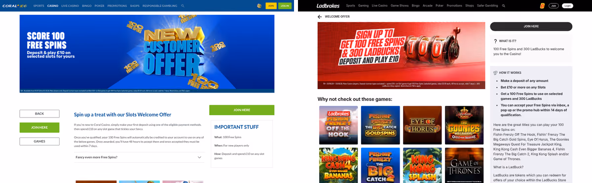 Coral and Ladbrokes casino lobbies side by side showing the shared LC International licence