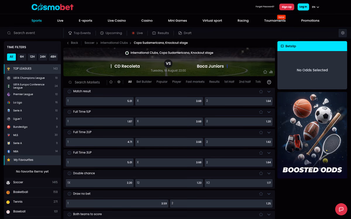 Cosmobet desktop homepage opening on the sportsbook, showing Copa Sudamericana match markets, a betslip panel and league counts in the left rail