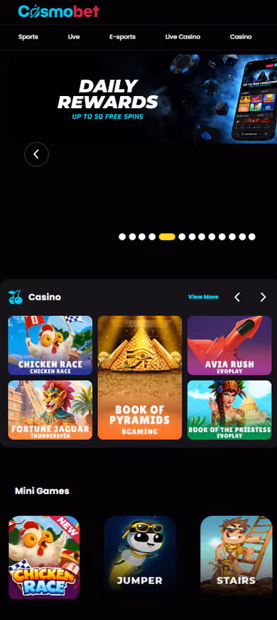 Cosmobet mobile homepage showing the daily rewards offer of up to 50 free spins above the casino and mini games rails