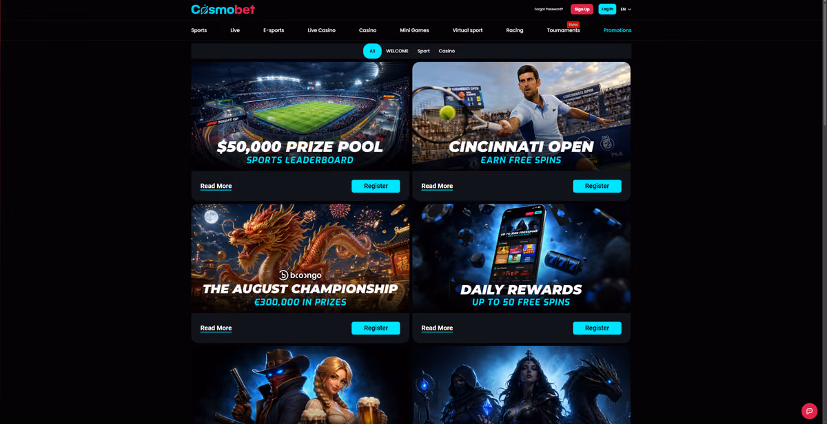 Cosmobet promotions page showing the 50,000 dollar sports leaderboard, Cincinnati Open free spins, the Booongo August Championship and daily rewards