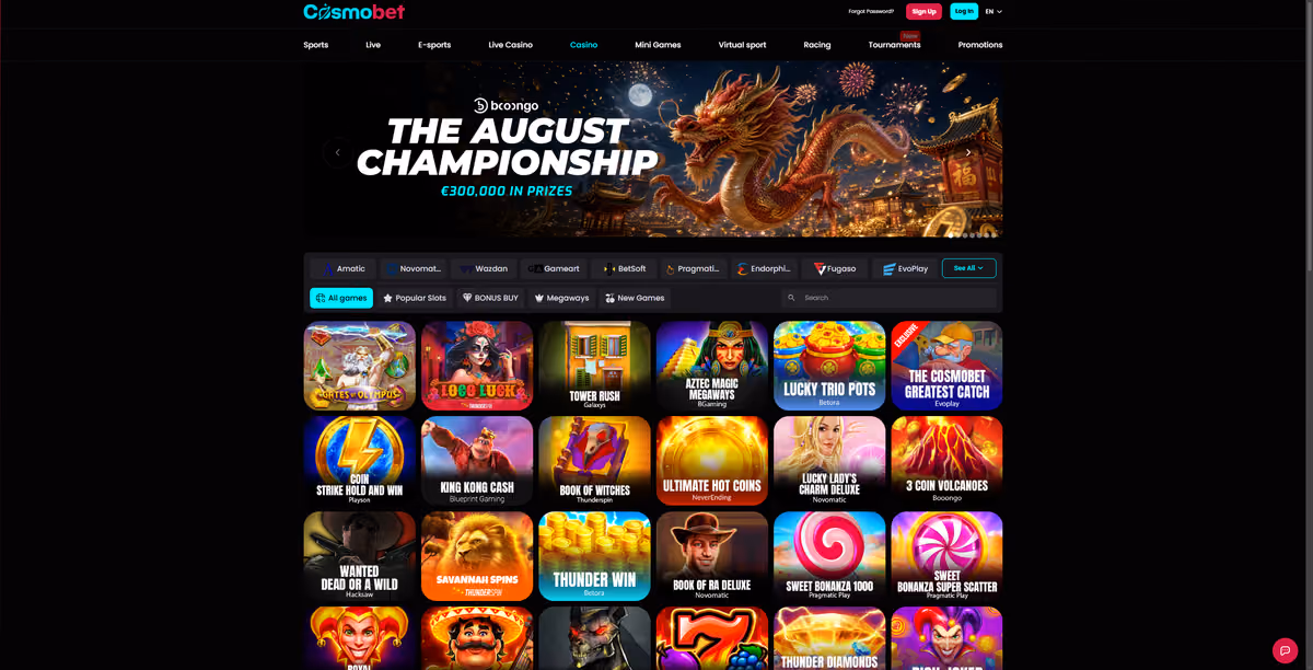 Cosmobet casino lobby listing Amatic, Novomatic, Wazdan, Gameart, BetSoft, Pragmatic, Endorphina, Fugaso and EvoPlay studios in order