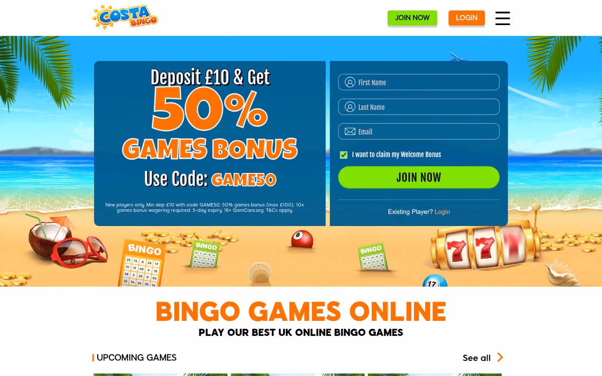 Costa Bingo homepage showing a 50% games bonus with a deposit code