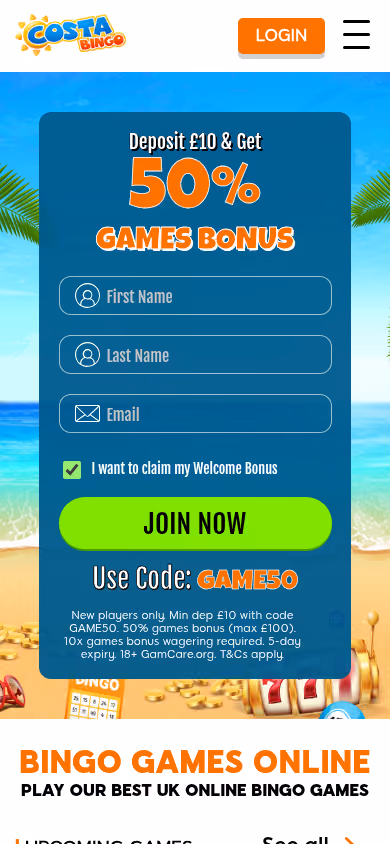 Costa Bingo homepage on a mobile viewport