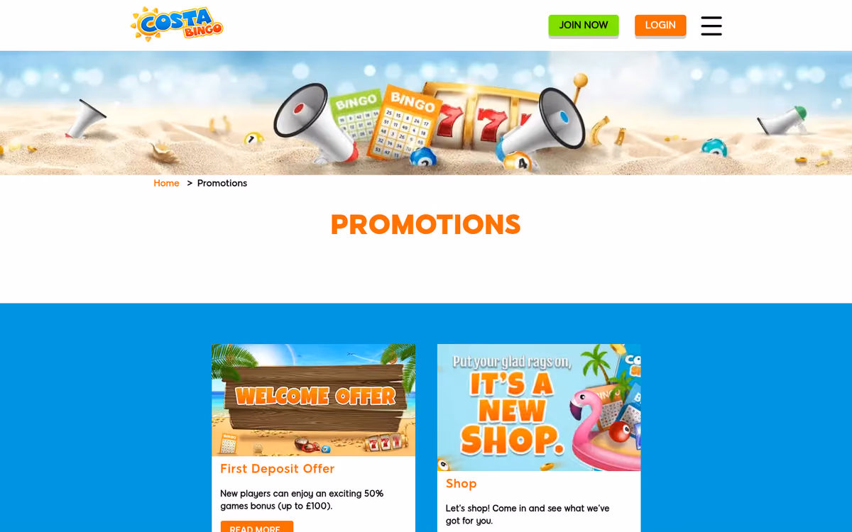 Costa Bingo promotions page showing the First Deposit Offer and the Shop