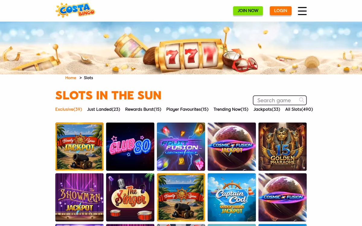 Costa Bingo slots lobby showing counts including All Slots 490 and Exclusive 39