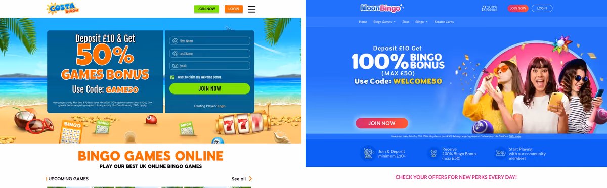 Costa Bingo and Moon Bingo homepages side by side