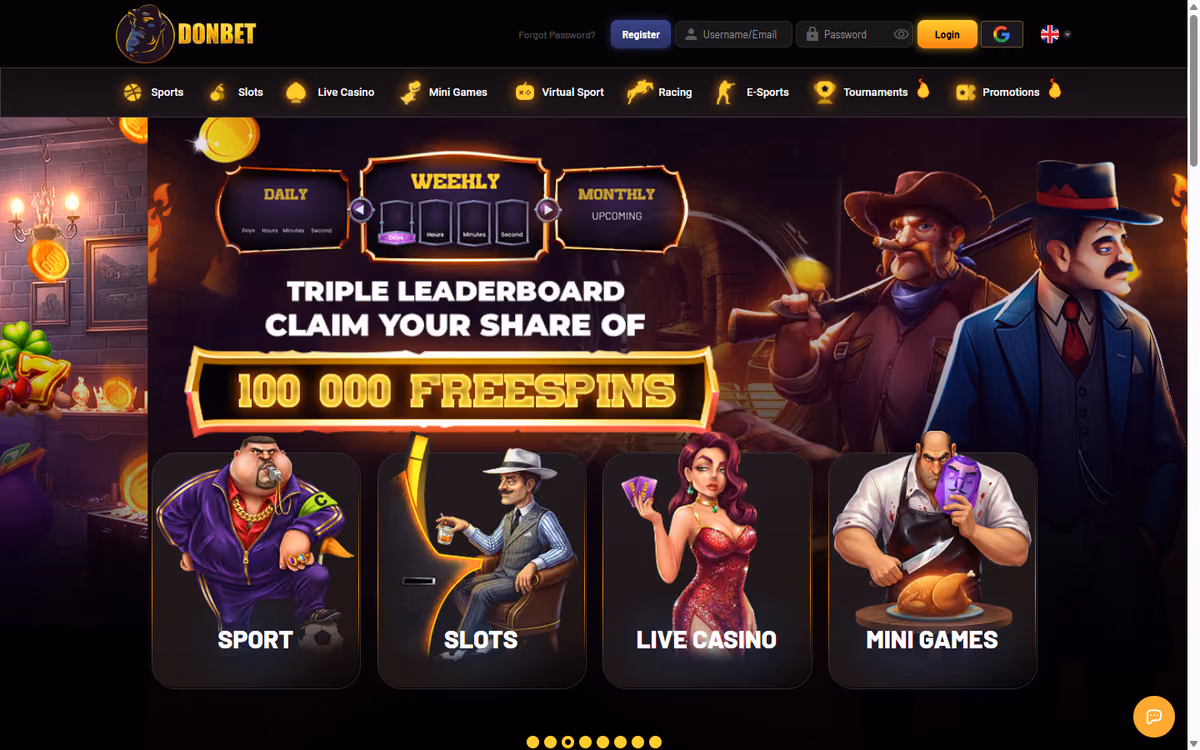 Donbet homepage showing the VIP Room promotion with wheels, prizes and marketplace, and Sport, Slots, Live Casino and Mini Games tiles