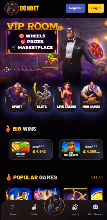 Donbet mobile homepage showing the VIP Room wheels, prizes and marketplace banner above Sport, Slots, Live Casino and Mini Games tiles