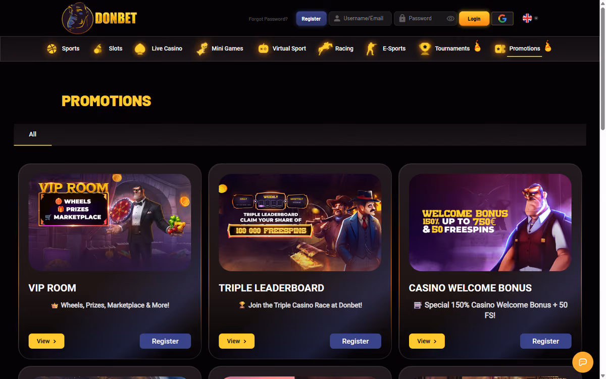 Donbet promotions page showing the 150% casino welcome bonus, 120% sports welcome, 100% mini games welcome and 170% crypto deposit bonus