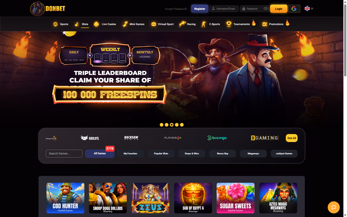 Donbet slots lobby showing a 8,778 game counter and Pragmatic Play, Axolotl, Hacksaw, Playson, Booongo and BGaming studios