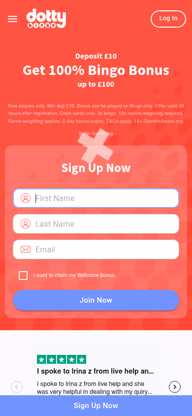 Dotty Bingo homepage on a mobile viewport with a review carousel