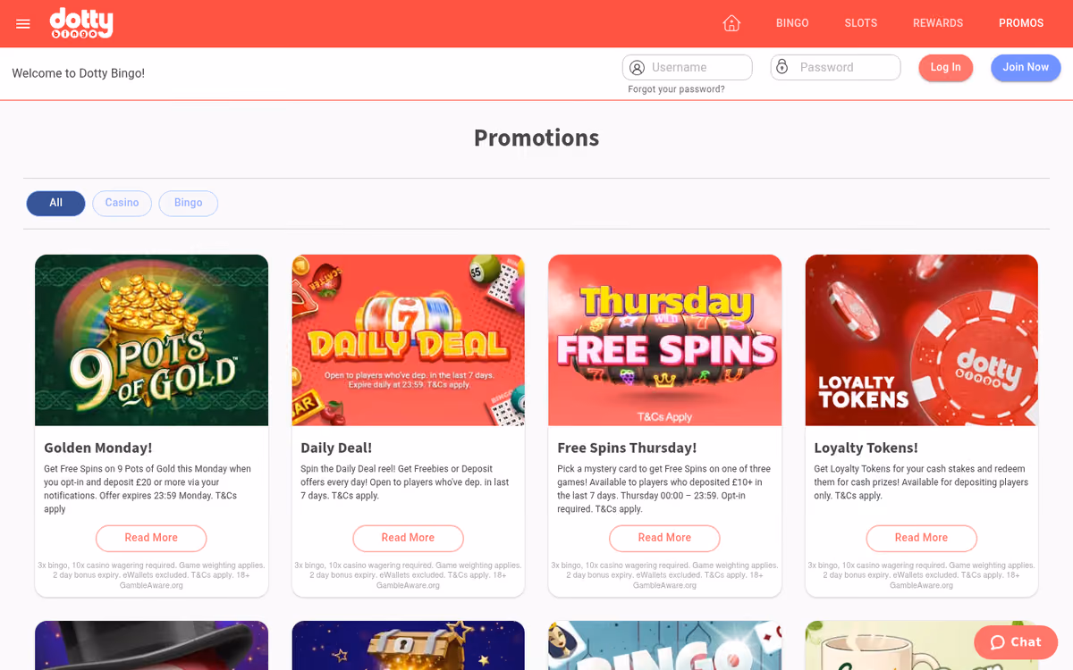 Dotty Bingo promotions page showing Thursday Free Spins