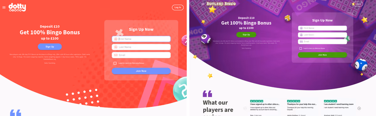 Dotty Bingo and Butlers Bingo homepages side by side