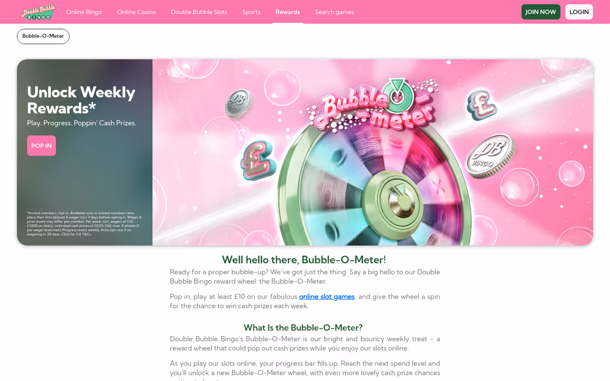 Double Bubble Bingo Bubble-O-Meter reward wheel page