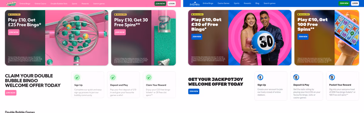Double Bubble Bingo beside Jackpotjoy, two Gamesys bingo brands on one build