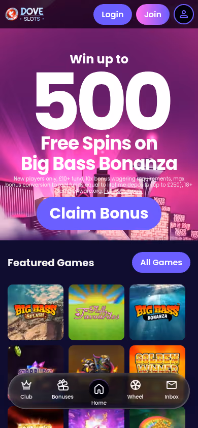 Dove Slots mobile homepage at a 390 by 844 viewport