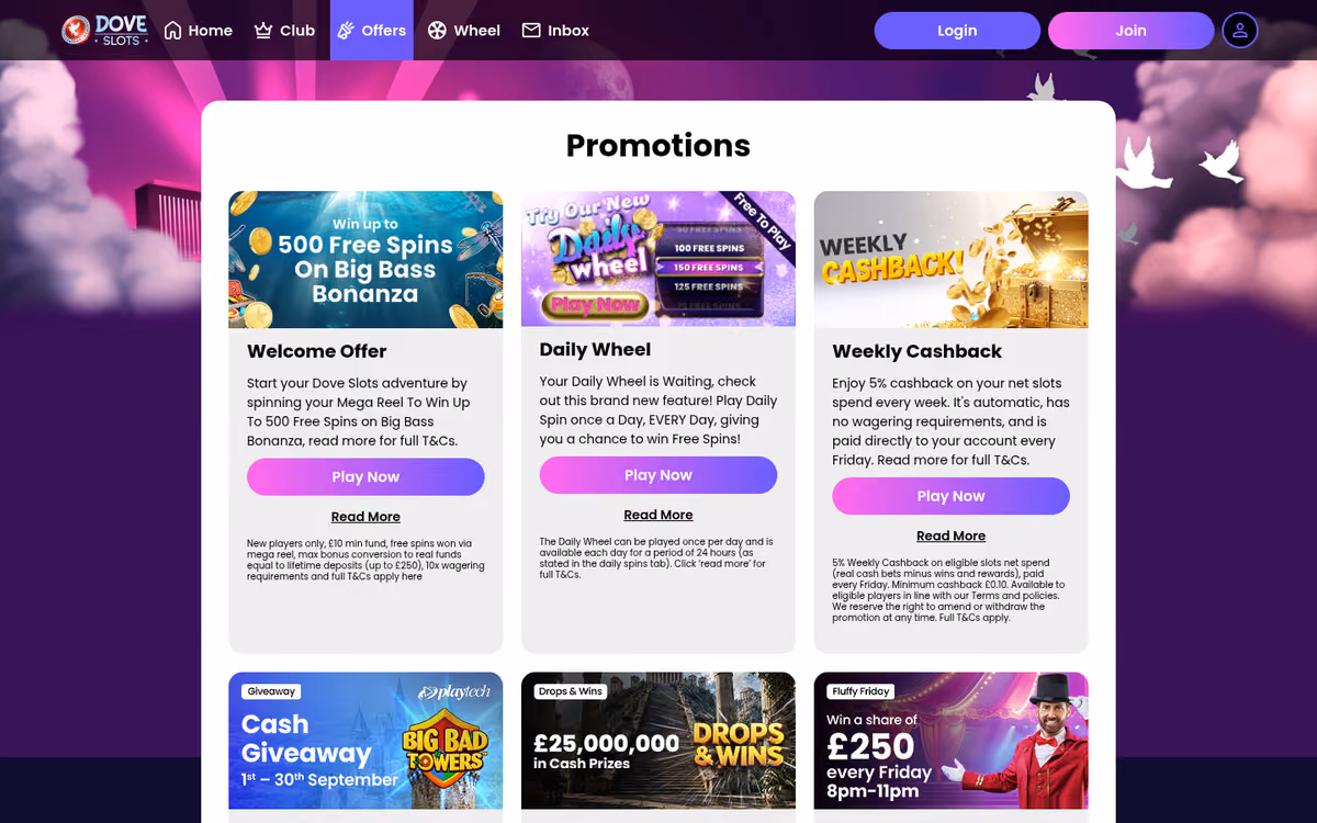 Dove Slots promotions page showing the shared Jumpman network campaigns