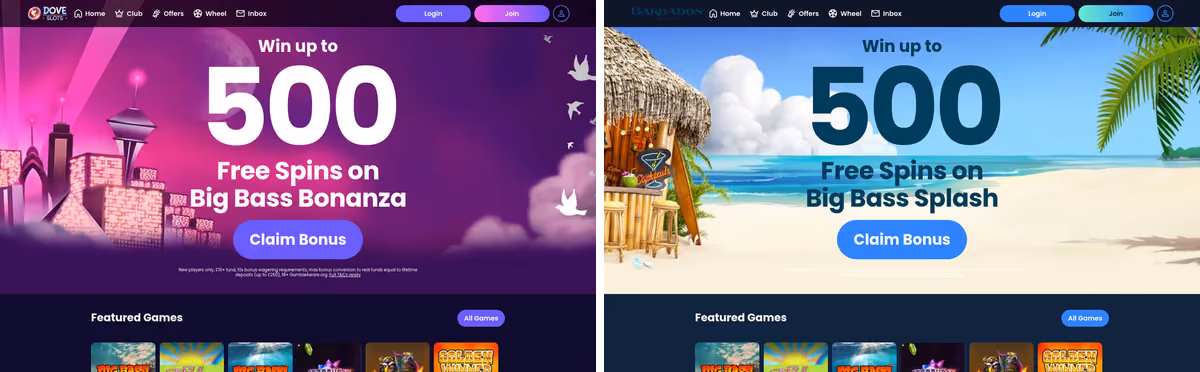 Dove Slots sister sites proof: Dove Slots beside Barbados Casino showing the shared Jumpman Gaming platform