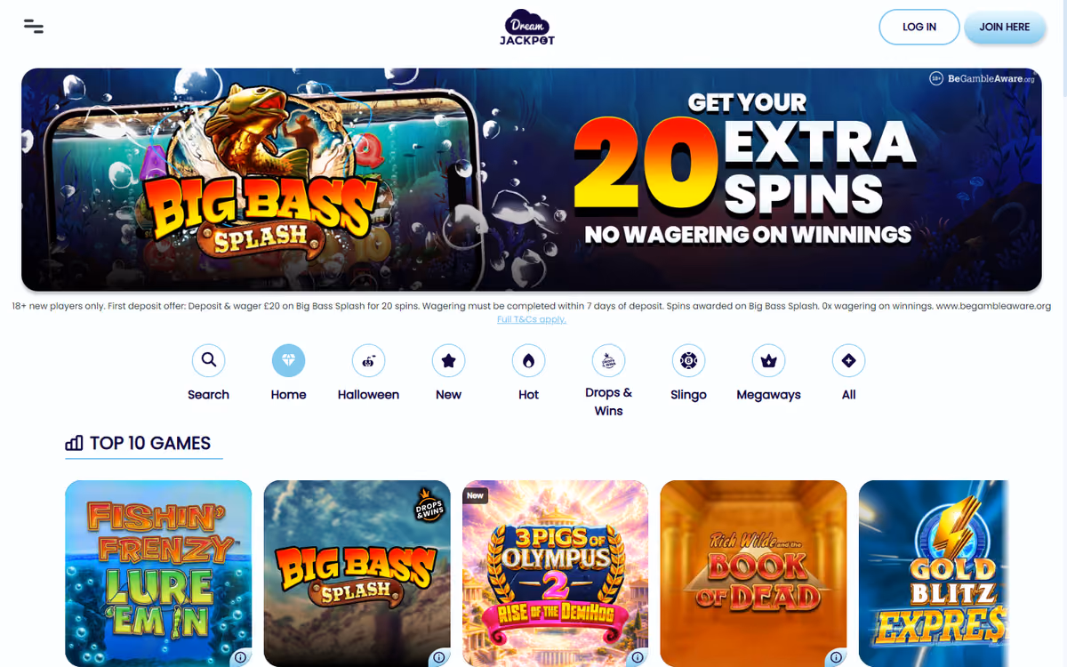 Dream Jackpot homepage in white and navy, with a Big Bass Splash banner reading Get Your 20 Extra Spins, No Wagering On Winnings