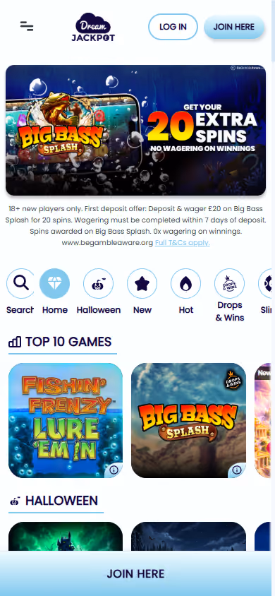 Dream Jackpot homepage at mobile width with the twenty extra spins banner