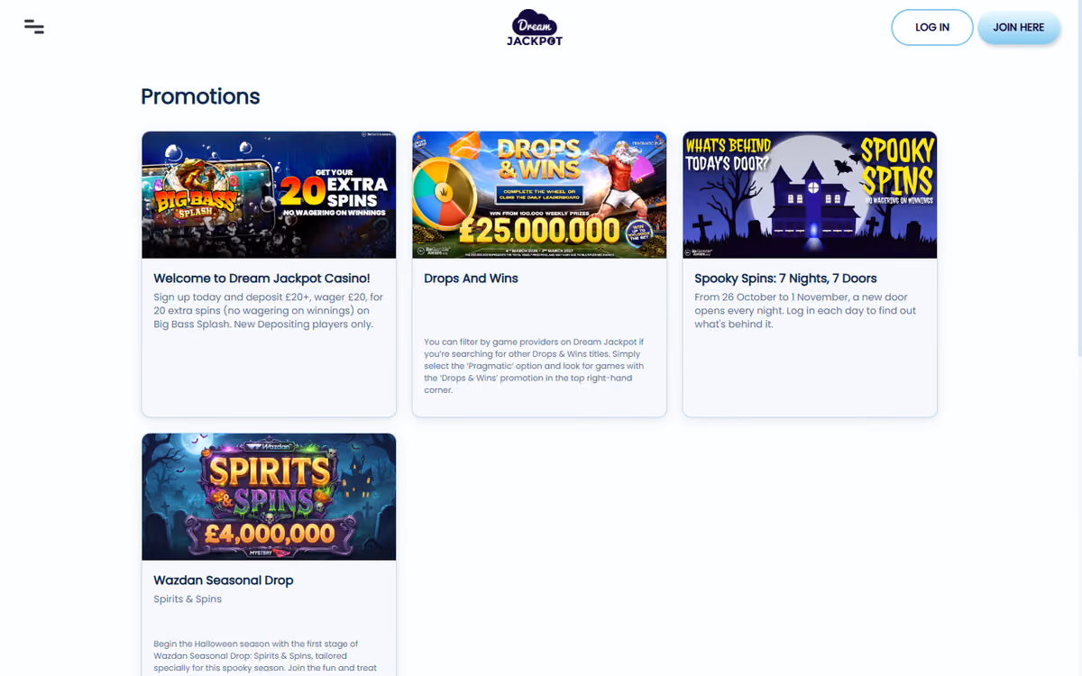 Dream Jackpot promotions page with four tiles matching its sister brands'