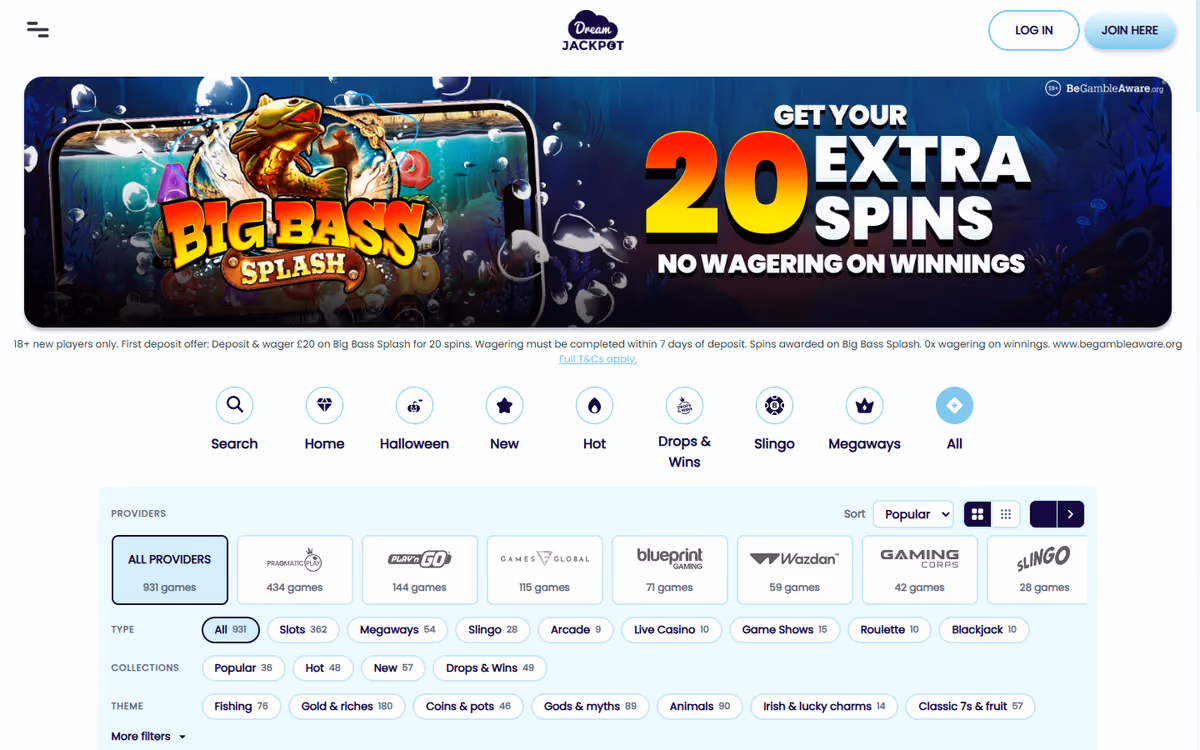Dream Jackpot games page showing the provider filter, an All providers total of 931 games, and type, collection and theme filters