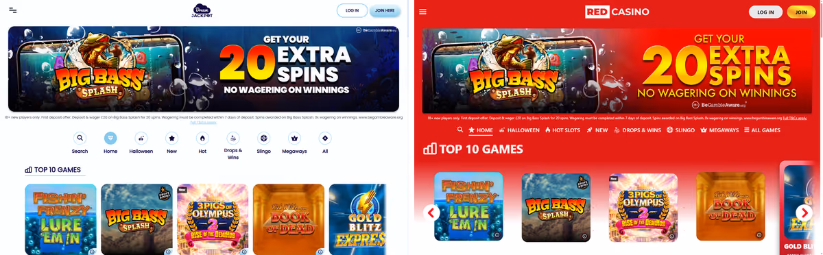 Dream Jackpot and Red Casino homepages side by side with identical offer banners