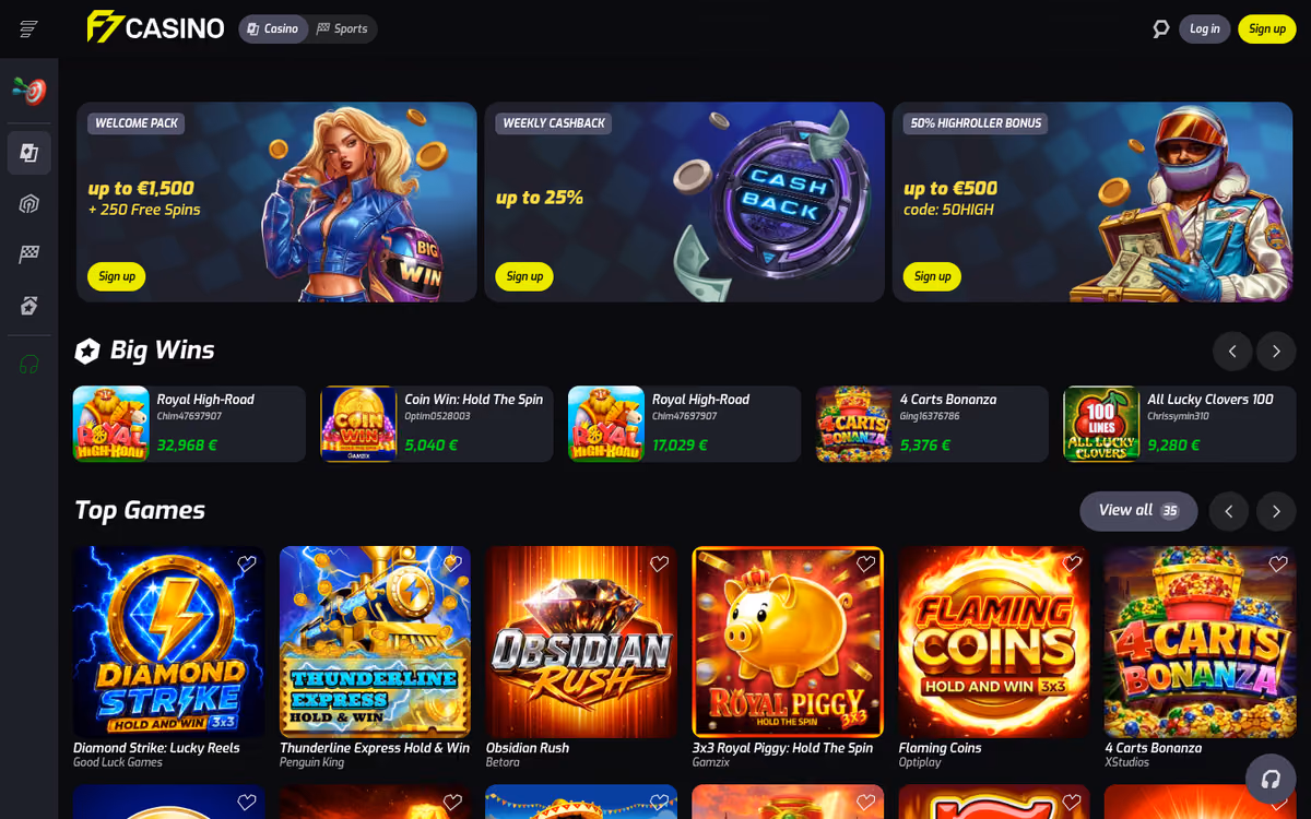 F7 Casino sister sites proof: the f7casino.com homepage served to a British visitor, laid out identically to Jokabet's, the brand run by the same company