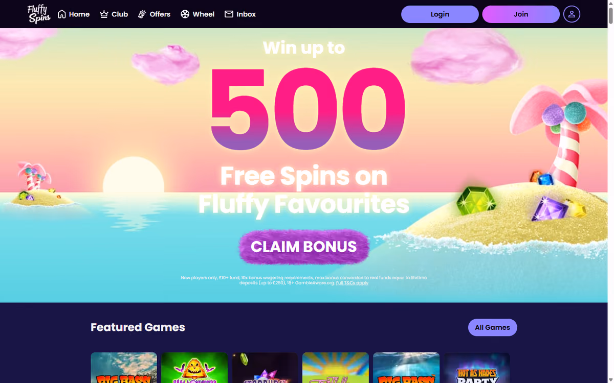 Fluffy Spins homepage with a pastel sunset and candy-cane island, a Win up to 500 Free Spins on Fluffy Favourites hero and a Claim Bonus button