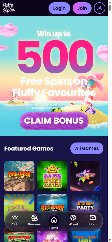 Fluffy Spins homepage at mobile width showing the Fluffy Favourites welcome hero