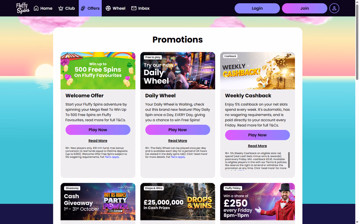 Fluffy Spins promotions page with the welcome offer, Daily Wheel and Weekly Cashback tiles above a second row