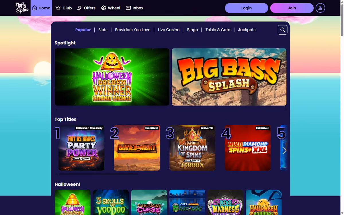 Fluffy Spins games lobby showing Popular, Slots, Providers You Love, Live Casino, Bingo, Table and Card and Jackpots tabs, a Spotlight row and a numbered Top Titles row