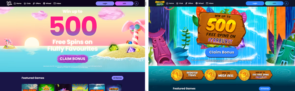 Fluffy Spins and Amazon Slots homepages side by side, both showing Win up to 500 Free Spins heroes in different art styles