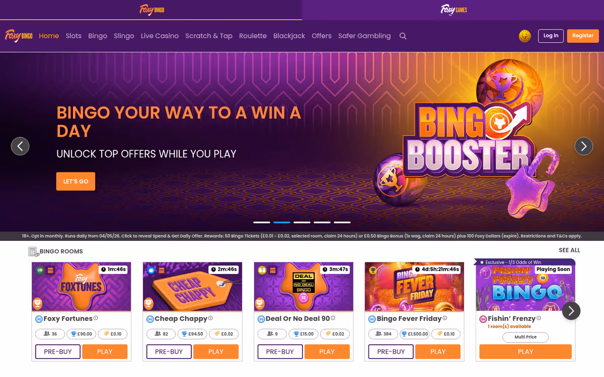 Foxy Bingo homepage showing bingo rooms with live countdowns, player counts, prize pots and ticket prices