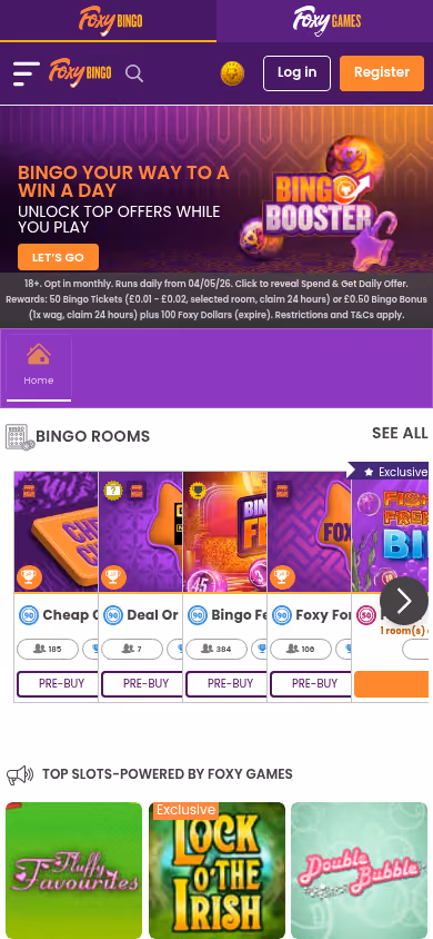Foxy Bingo on mobile showing a slots rail headed powered by Foxy Games
