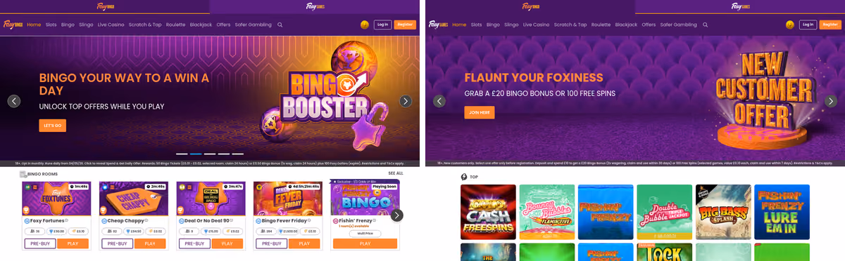 Foxy Bingo and Foxy Games lobbies side by side showing the shared LC International licence