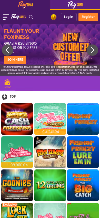 Foxy Games on mobile showing live jackpot totals on the game tiles