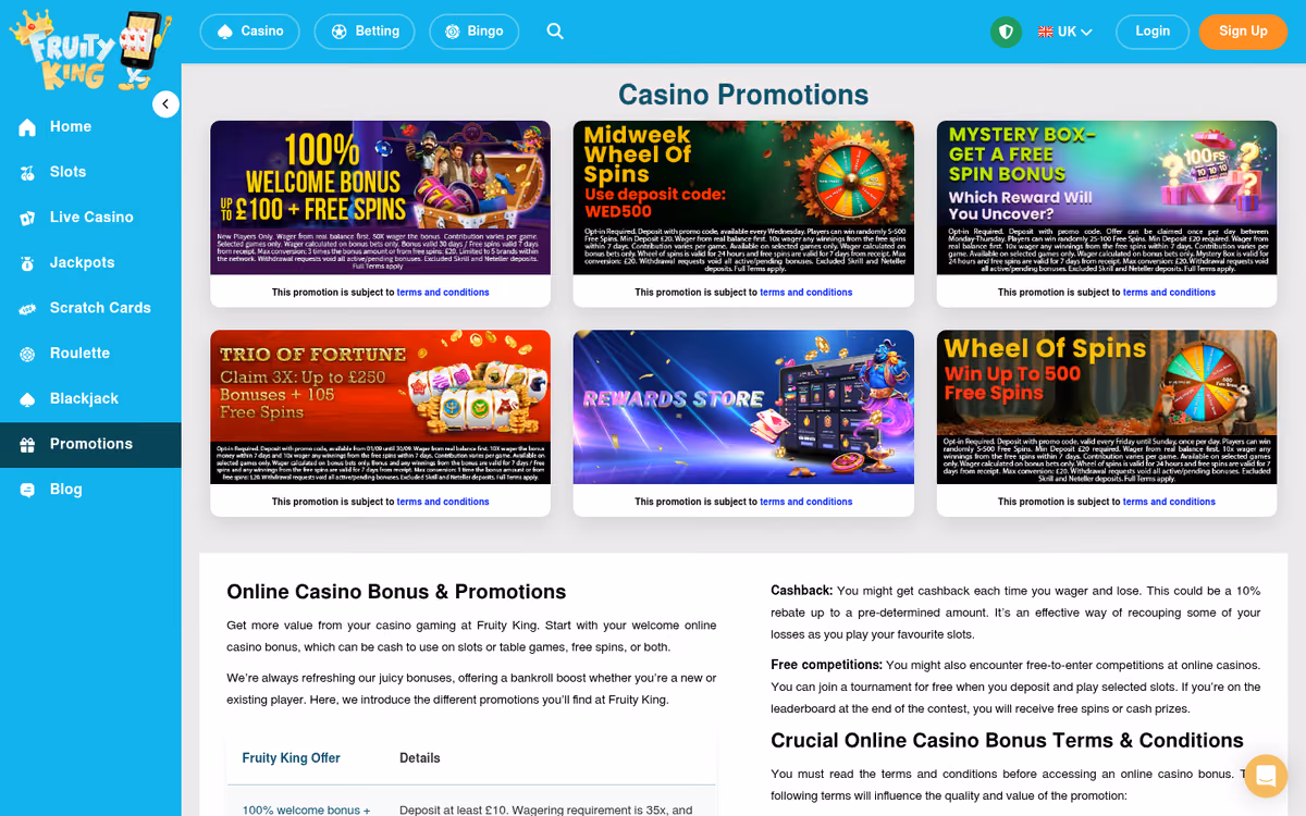 Fruity King promotions page showing the welcome offer terms and ongoing promotions