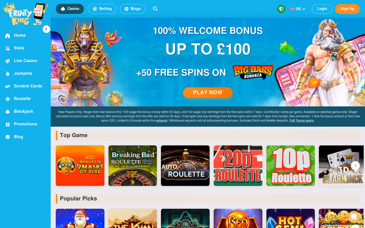 Fruity King casino lobby showing Big Bass Bonanza, Rainbow Riches and Fluffy Favourites