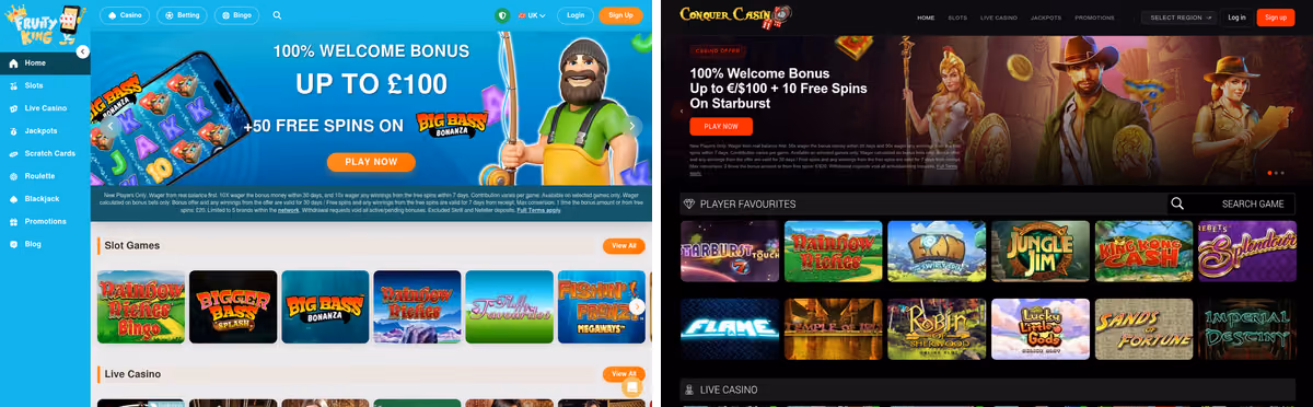 Fruity King sister sites proof: Fruity King beside Conquer Casino, one quoting pounds and the other euros on the same licence
