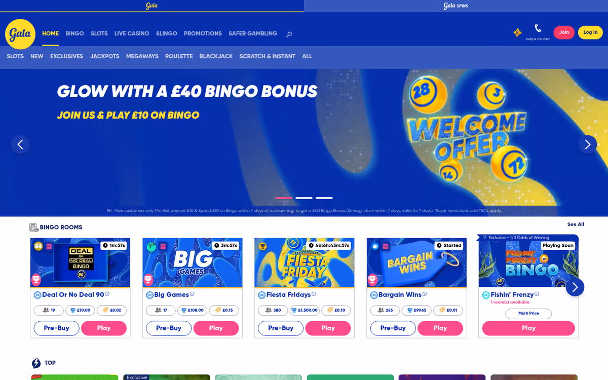Gala Bingo homepage showing the £40 bingo bonus at 2x wagering and live bingo rooms with ticket prices