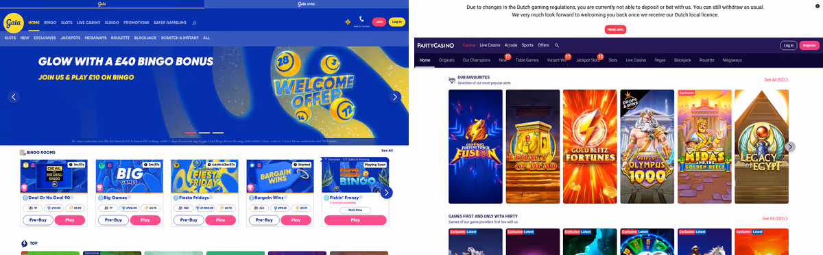 Gala Bingo and PartyCasino lobbies side by side showing the shared LC International licence