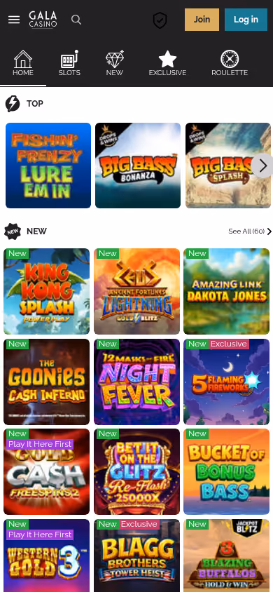 Gala Casino on mobile showing the New rail with its published count of 60 titles