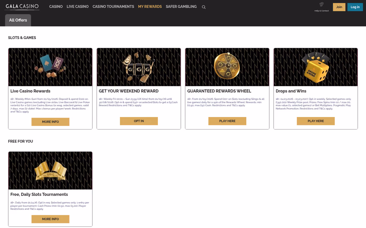 Gala Casino All Offers page showing Live Casino Rewards at 1x wagering, a weekend reward, a rewards wheel and Drops and Wins