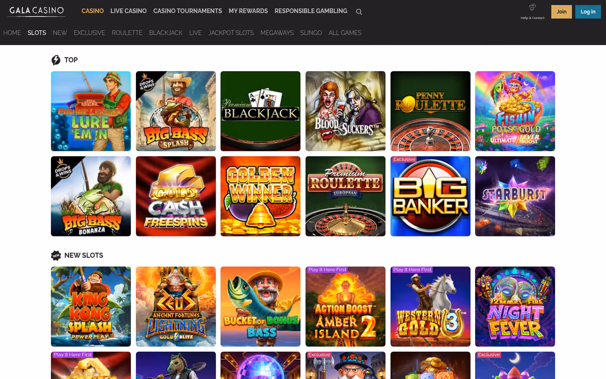 Gala Casino slots lobby showing Roulette, Blackjack, Live, Jackpot Slots, Megaways and Slingo rails